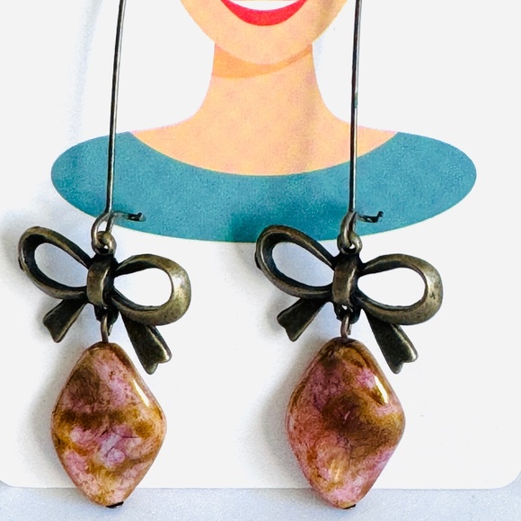 Pink Picasso Glass with Bronze Bows and Bronze Metal Hook Earrings Item# 329 - Picture 1 of 4
